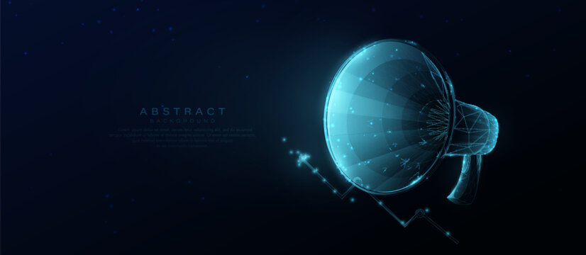 Megaphone. Digital marketing. Marketing strategy. Business concept. Low polygonal, wireframe, linear and mesh illustration