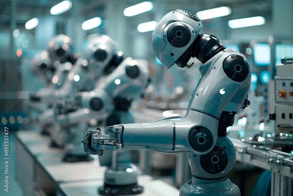 Poster row of industrial robots in a factory setting