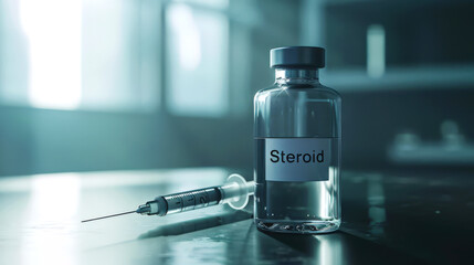 A bottle of steroids and a syringe on the table. Steroids are biological compounds that are usually derived from the sex hormones testosterone and dihydrotestosterone