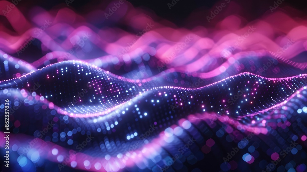 Poster abstract background with glowing pink and blue particle waves and bokeh effects for a mesmerizing vi