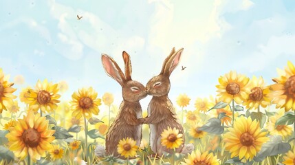 Fototapeta premium Rabbits in love in a field of sunflowers