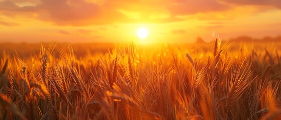 Wheat Field at Sunrise, Golden wheat stalks swaying in the breeze with a warm sunrise in the background