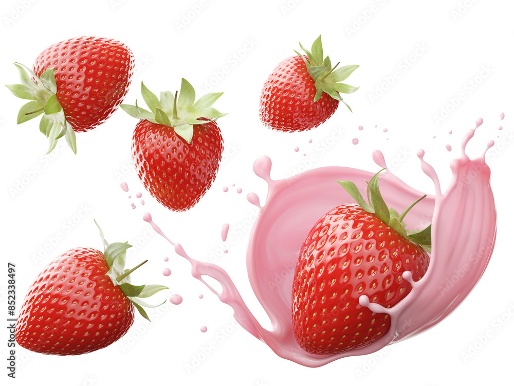Poster milk or yogurt splash with strawberries 3d rendering.