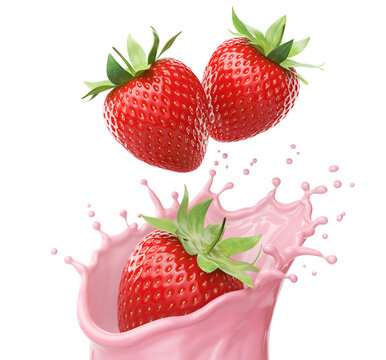 milk or yogurt splash with strawberries 3d rendering.