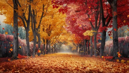 Fototapeta premium Stunning Autumn Path with Vibrant Red and Yellow Foliage and Fallen Leaves