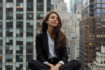 Fototapeta premium Young businesswoman with flowing hair sitting on top of a building, exuding confidence and success