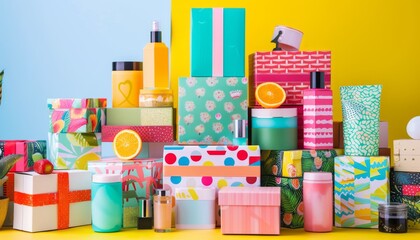 Naklejka premium Colorful Gift Boxes with Cosmetics on Yellow and Blue Background