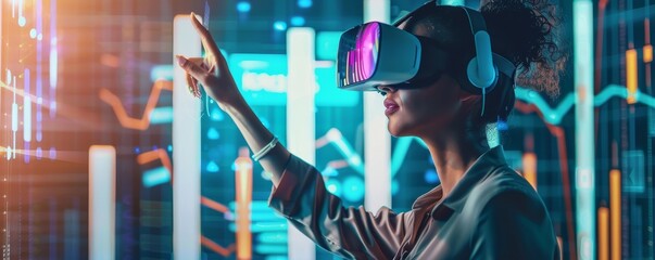Woman in VR Headset Interacting with Holographic Data