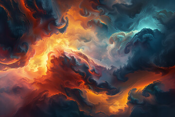 An awe-inspiring digital art composition of a dramatic sky with swirling clouds in shades of deep orange and blue, resembling a celestial battle between fire and water