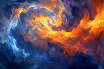 Fototapeta premium An awe-inspiring digital art composition of a dramatic swirling dance between fiery orange and icy blue hues, encapsulating a surreal battle of elemental forces