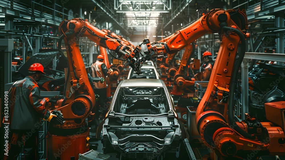 Poster assembly line with robotic arms and workers