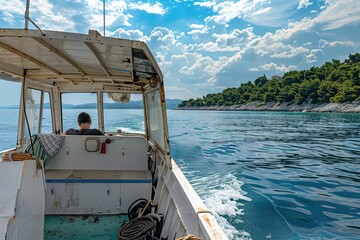 Open sport fishing boat with blue canvas canopy