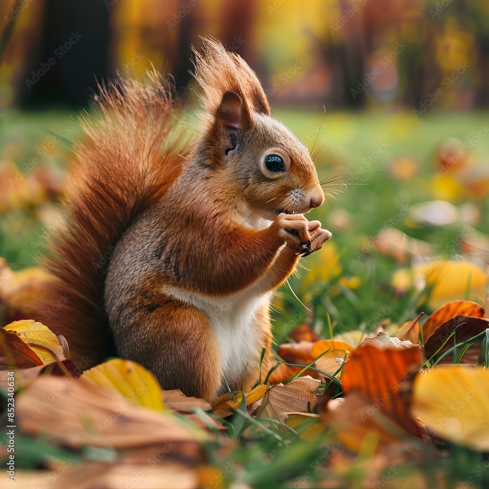 Wall mural Red squirrel eating food on green grass among autumn leaves - Wall murals