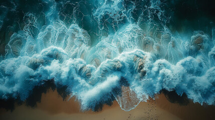 Overhead photo of crashing waves on the shoreline beach. Tropical beach surf. Abstract aerial ocean view
