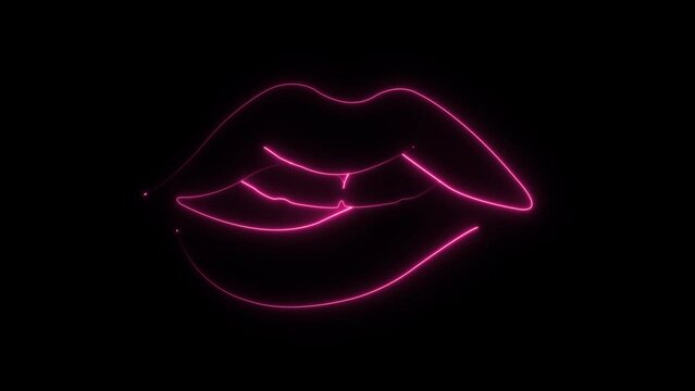 Neon lips. Glowing neon line. Line art. Biting the lip with the teeth. Isolated on black background. Smiling lips. Happy Valentine's Day. Pink lips. Linear neon animation. Motion graphic. Woman lips.
