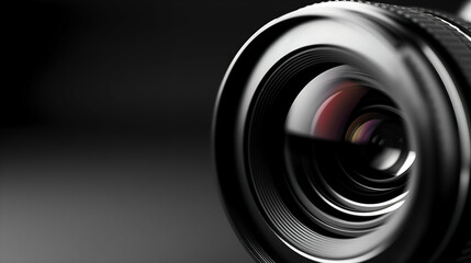 Close-up of a camera lens with detailed reflections. The sleek, black design and precision optics highlight the art and technology of photography