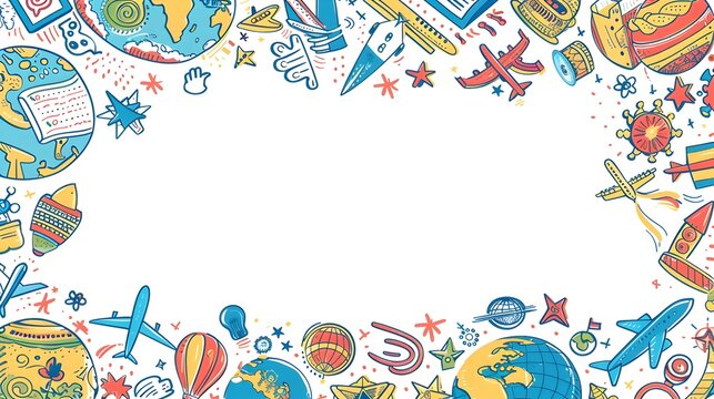 Whimsical Doodle Page Print Border Design with Blank Space for Mockup Background Featuring Global Symbols and Playful Patterns