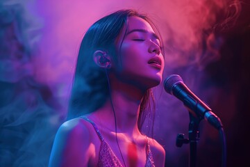 Young Woman Singing on Stage with Colorful Smoke and Dramatic Lighting