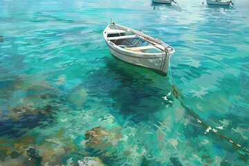 Obraz premium a fishing boat in the colours blue, red and white on azure clear water