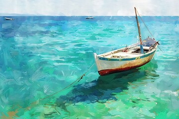 a fishing boat in the colours blue, red and white on azure clear water