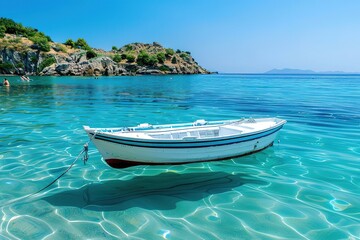 Naklejka premium a fishing boat in the colours blue, red and white on azure clear water