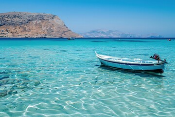 Naklejka premium a fishing boat in the colours blue, red and white on azure clear water