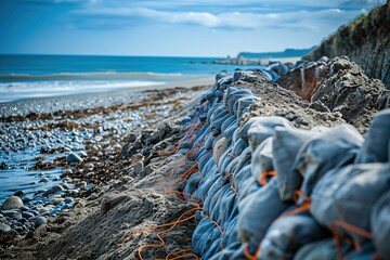 Coastal Erosion Prevention with Sandbags on a Rocky Beach Under a Clear Blue Sky