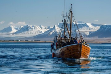 Obraz premium fishing boat waiting to depart in the east fjords of iceland in front of snow capped mountains