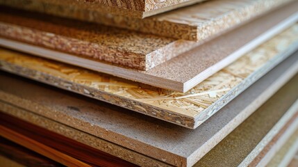 Chipboard and MDF panel samples for manufacturing furniture close up view of finishing materials made from chipboard and MDF furniture manufacturing display at a hardware store or showroom