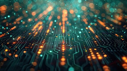 Futuristic Circuit Board with Glowing Bokeh Lights - High-Tech Digital Technology Background