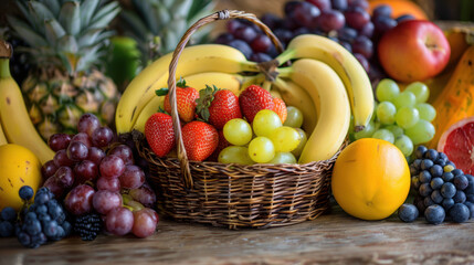 A basket of fruit including bananas, strawberries, grapes, and oranges