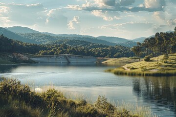 Scenic Landscape of a Serene Lake with a Dam and Lush Green Hills Under a Cloudy Sky