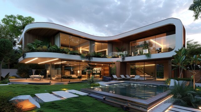 Innovative Home Designs for Contemporary Living. Futuristic smooth flowing hyperbolic paraboloid sustainable eco home with photovoltaic solar panels in a jungle rainforest