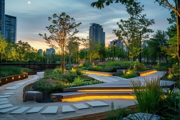 Fototapeta premium Modern Urban Park with Illuminated Pathways and Lush Greenery at Sunset in a Cityscape Setting