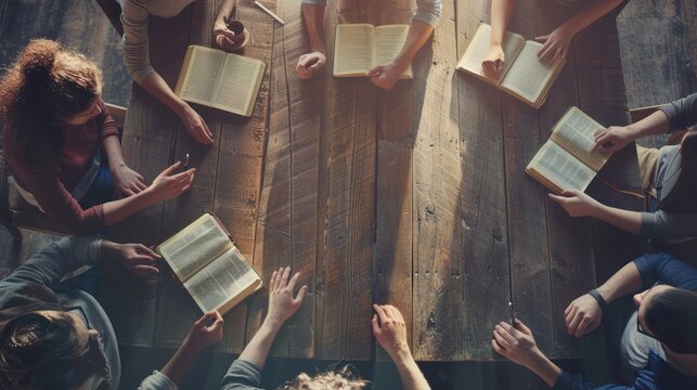 Small church group study the Bible together.