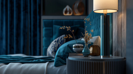 Render, diseño, mesa de noche interior, azul, monocromático
