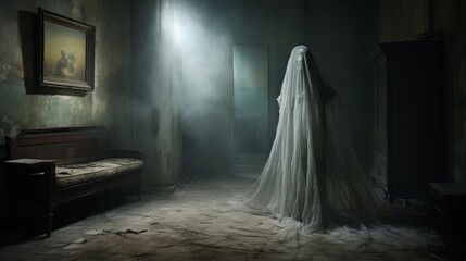 a ghostly woman in a long white dress stands in a dark room
