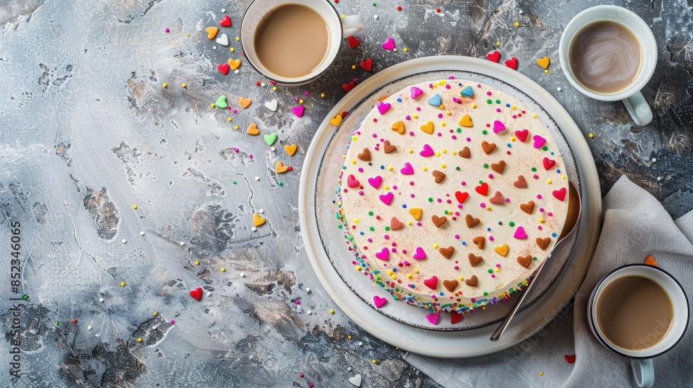 Canvas Prints A cake adorned with tiny hearts and vibrant sprinkles sits elegantly on a plate next to two cups of coffee set against a backdrop of a grey stone surface This charming tableau exudes a sens