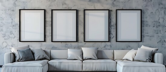 A stylish living room with a light grey wall, showcasing four empty black frames in a square arrangement. The frames create a harmonious and balanced look.