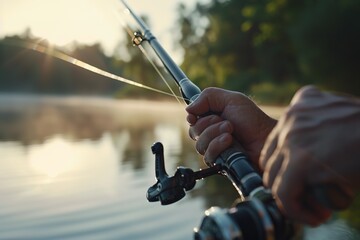 Fishing on the lake at sunse.spinning fishing.