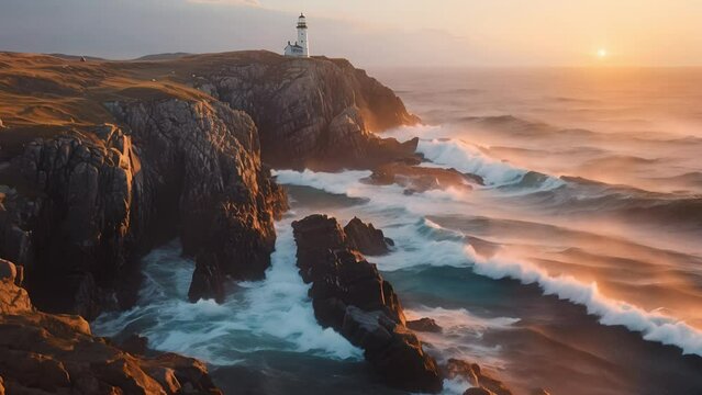 A lighthouse towers over rocky cliffs, withstanding the relentless crash of ocean waves