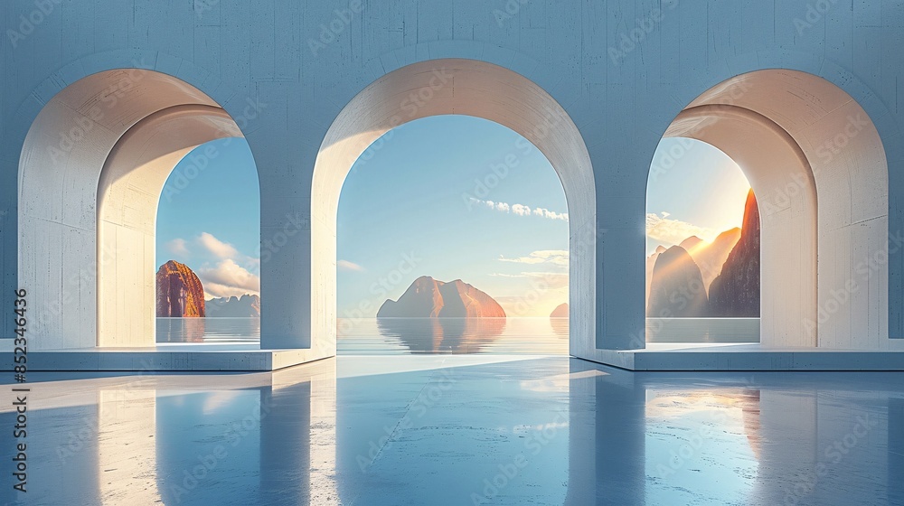 Poster a 3d render of a surreal minimal architecture background featuring abstract geometric shapes in a ha