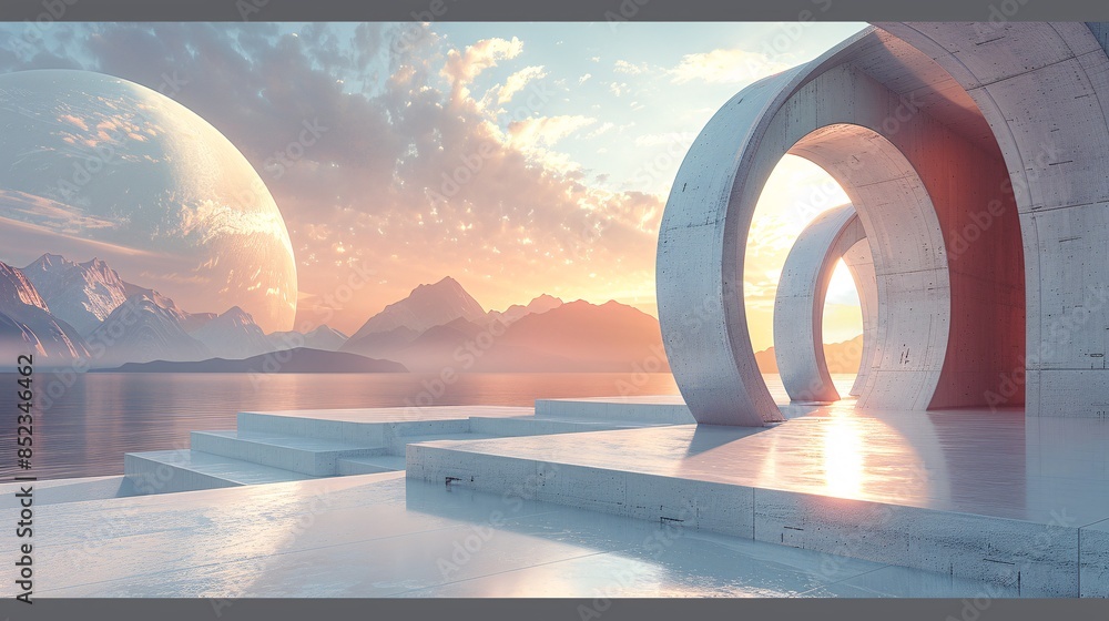 Poster abstract 3d render of a futuristic architectural scene with surreal geometric shapes, creating a min