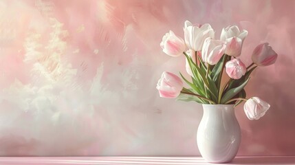 Tulips in a white vase against a wall featuring white and pink hues