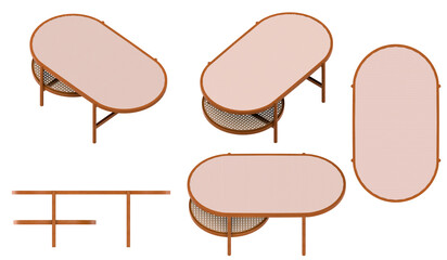 Round wooden retro table. Dining table isolated on white background. Saved clipping path included. 3D render. 3D illustration. isometric view. top view, front view, side view, isolated,perspective, re