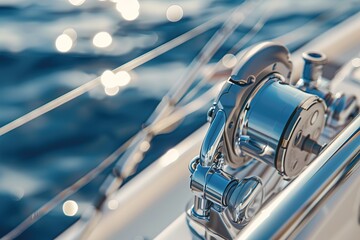 Trolling fishing boat rod and golden saltwater reels deep blue ocean sea wake