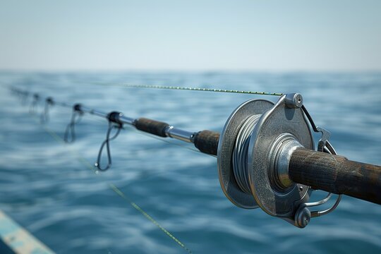 Trolling fishing boat rod and golden saltwater reels deep blue ocean sea wake