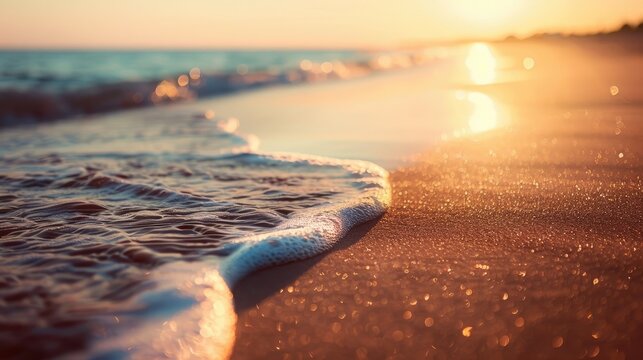 Close up shot of a sandy beach near the water at sunrise or sunset with a vintage filter applied