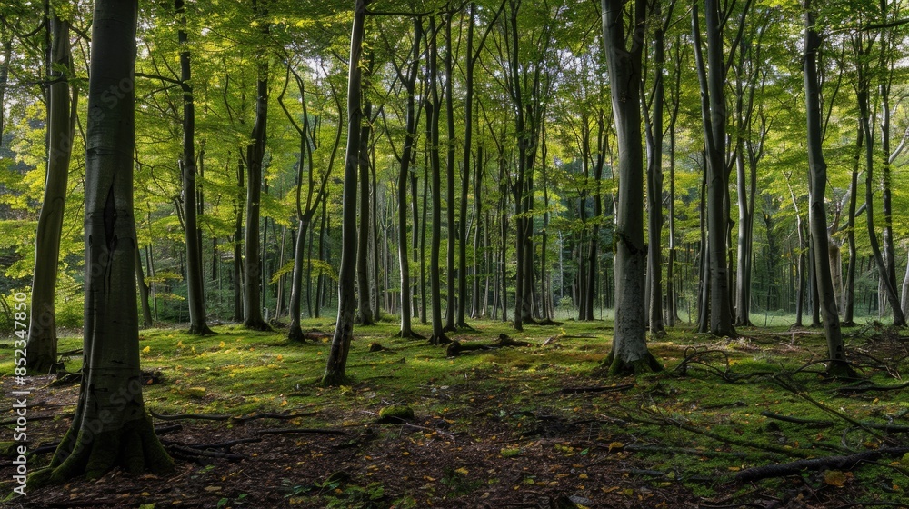 Poster background image of sunlight filtering through a dense green forest, highlighting the tranquility an