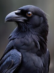 Fototapeta premium Close-up of a raven's head, black feathers, powerful beak, expressive eyes, blurred dark background